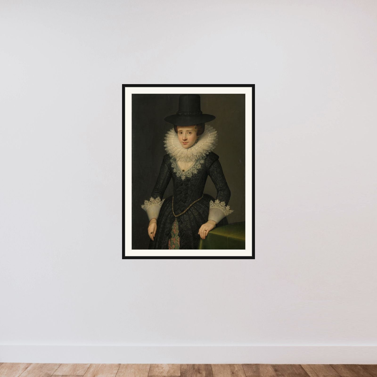 Portrait of Anna Boudaen Courten (1599-1622) framed — shown to scale