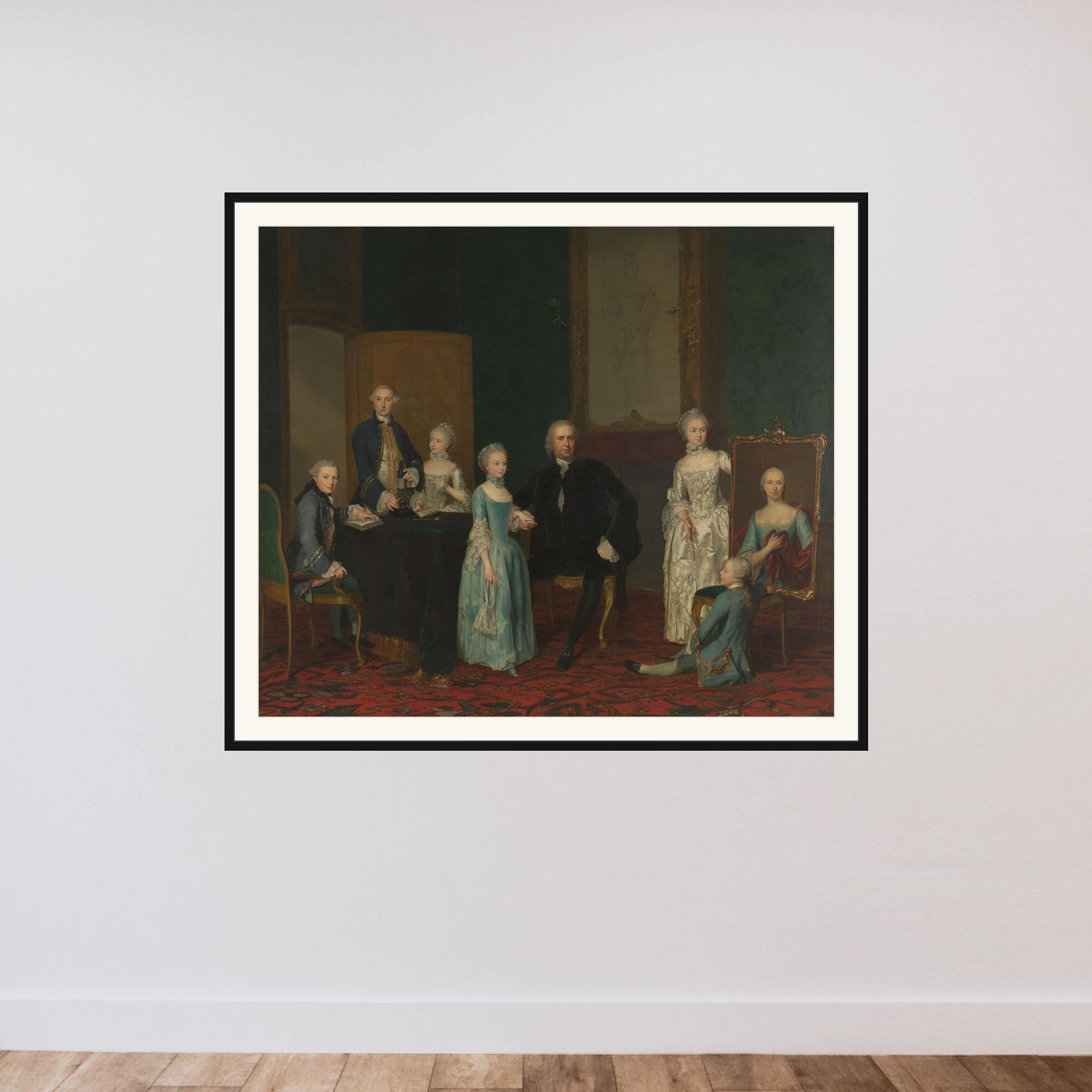 Portrait of Pieter Cornelis Hasselaer, Adviser to the Dutch East India Company and Burgomaster of Amsterdam, with his Family framed — shown to scale