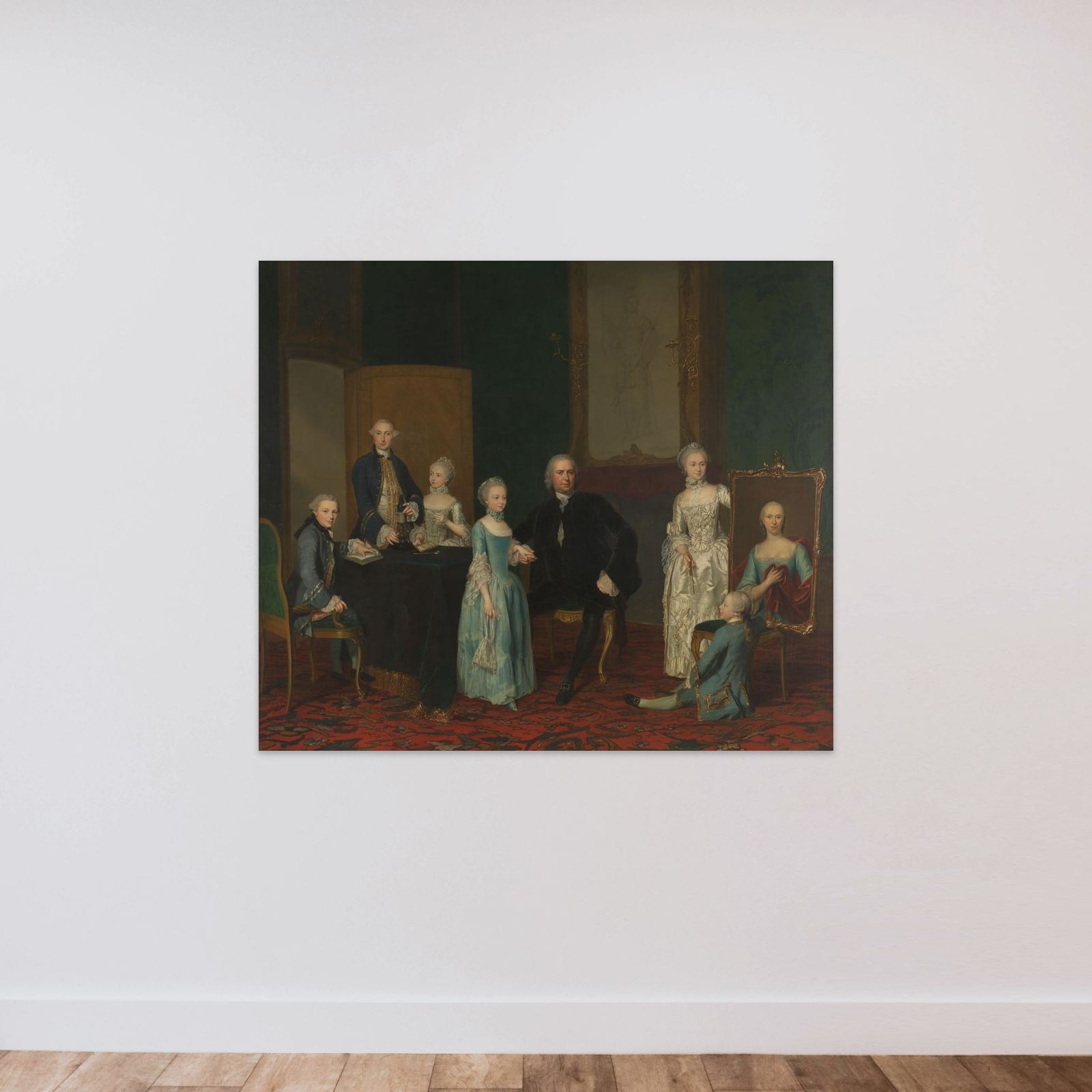 Portrait of Pieter Cornelis Hasselaer, Adviser to the Dutch East India Company and Burgomaster of Amsterdam, with his Family unframed — shown to scale