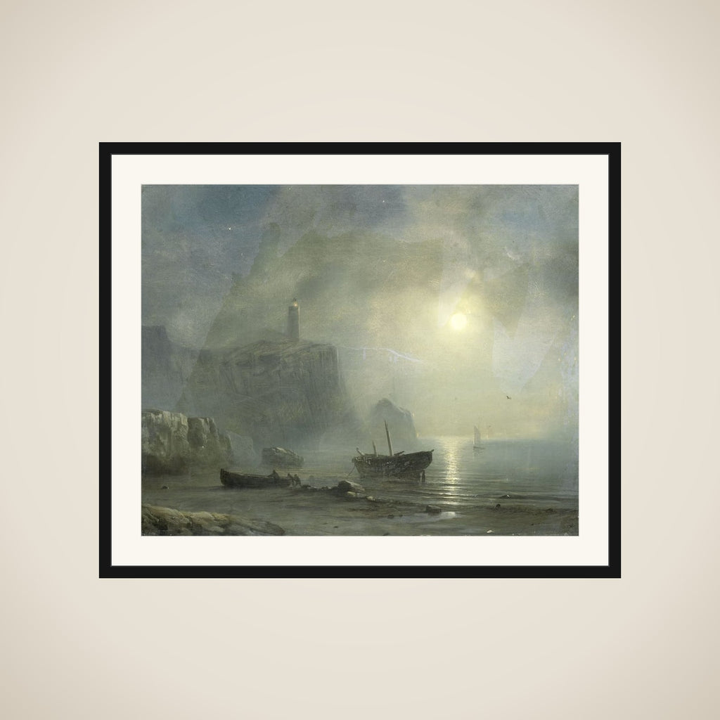 View of a Rocky Coast by Moonlight framed