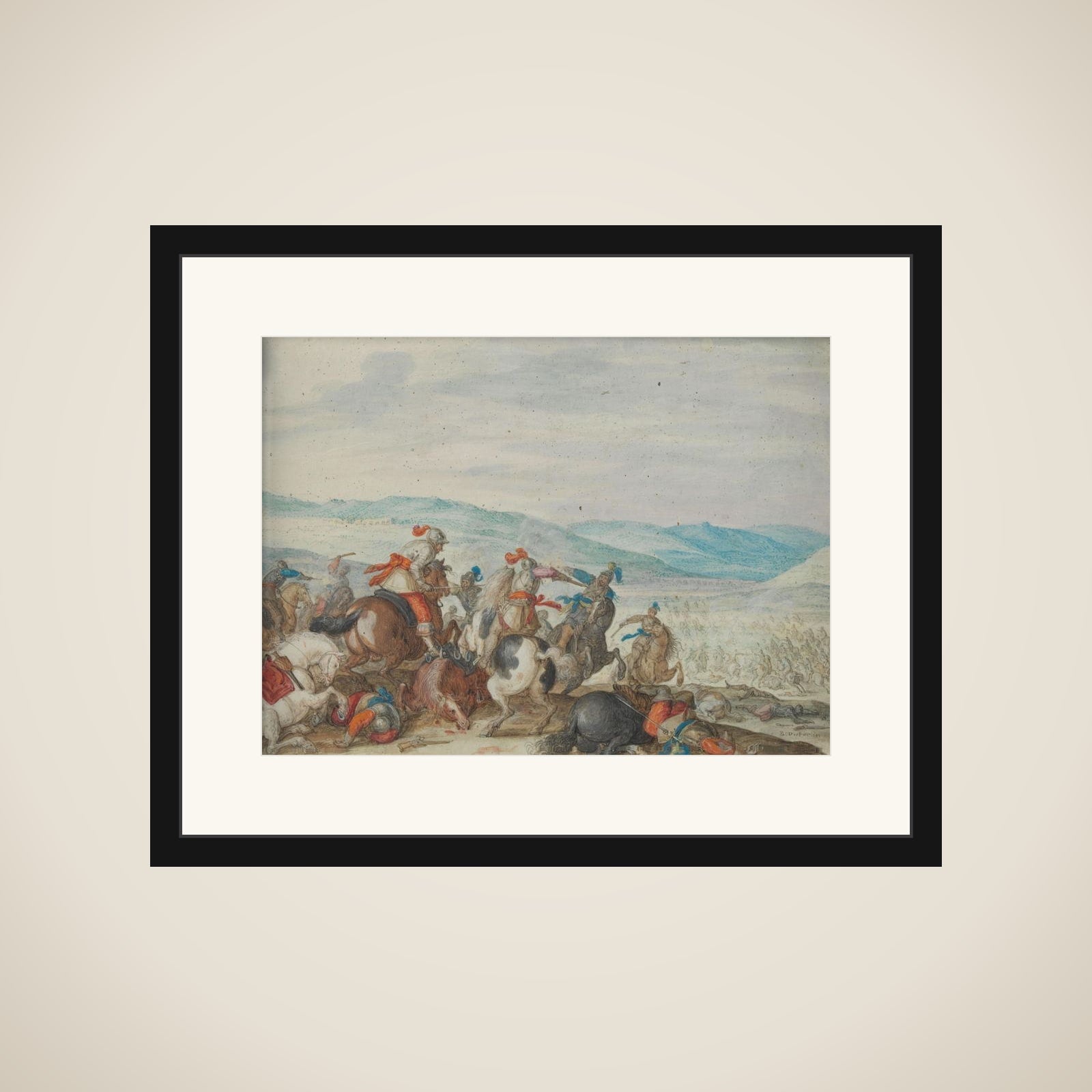 Cavalry Skirmish Mountainous Landscape framed
