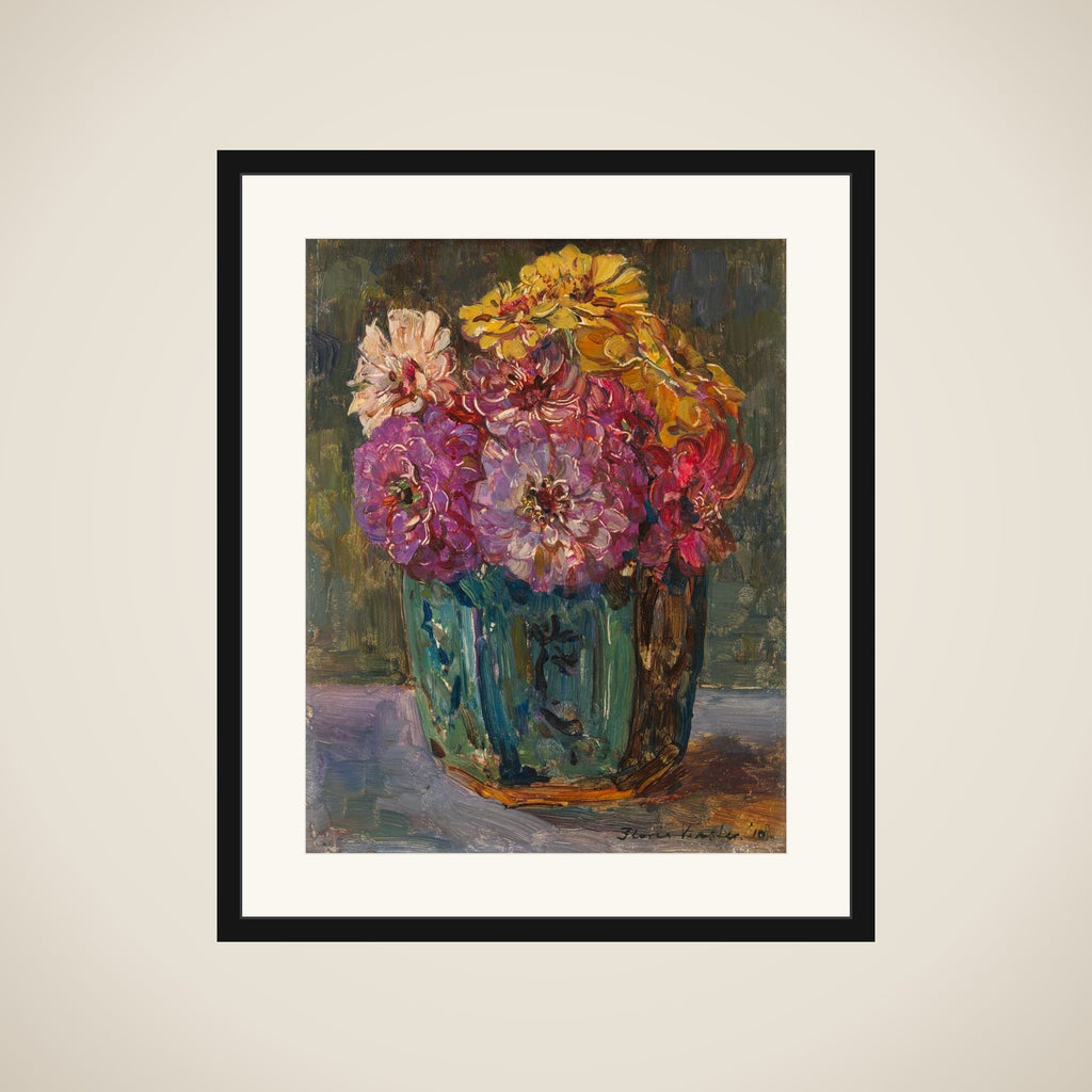 Still Life with Zinnias in a green Jar framed