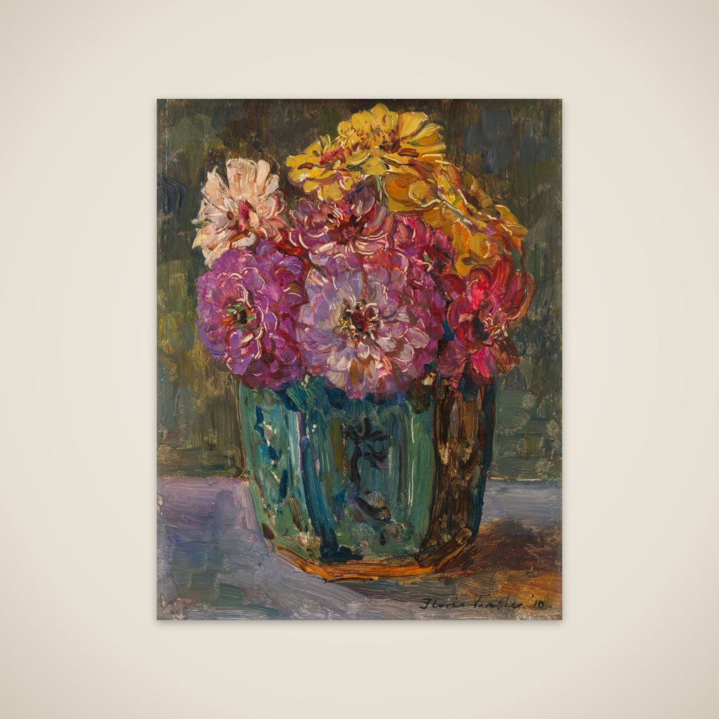 Still Life with Zinnias in a green Jar unframed print