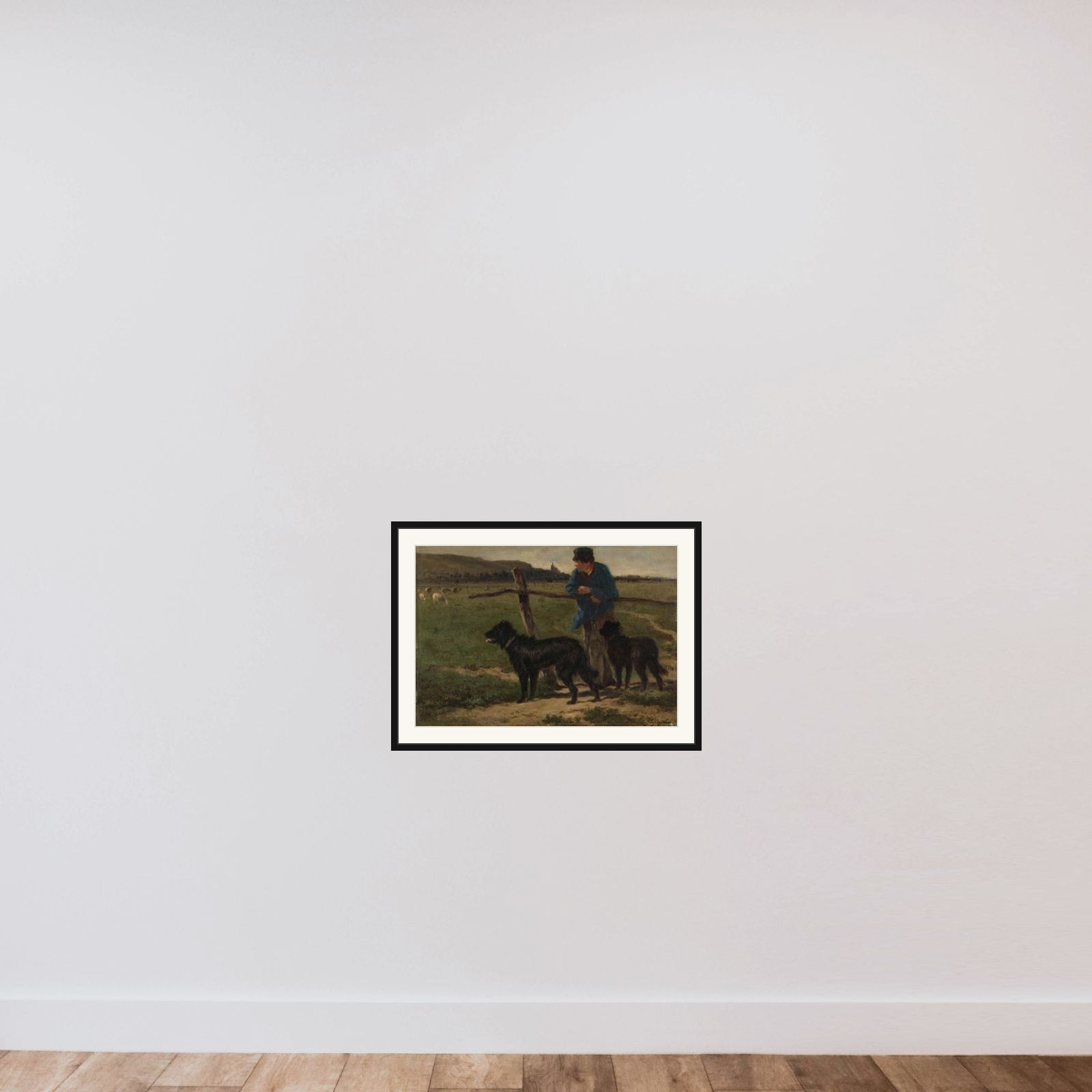 Boer met honden framed — shown to scale