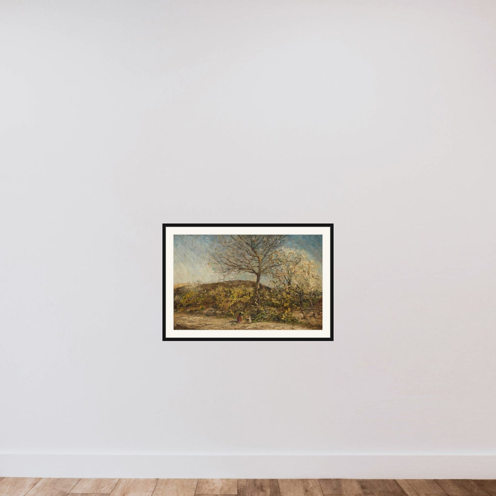 Landscape with bloeiende boomgaard framed — shown to scale