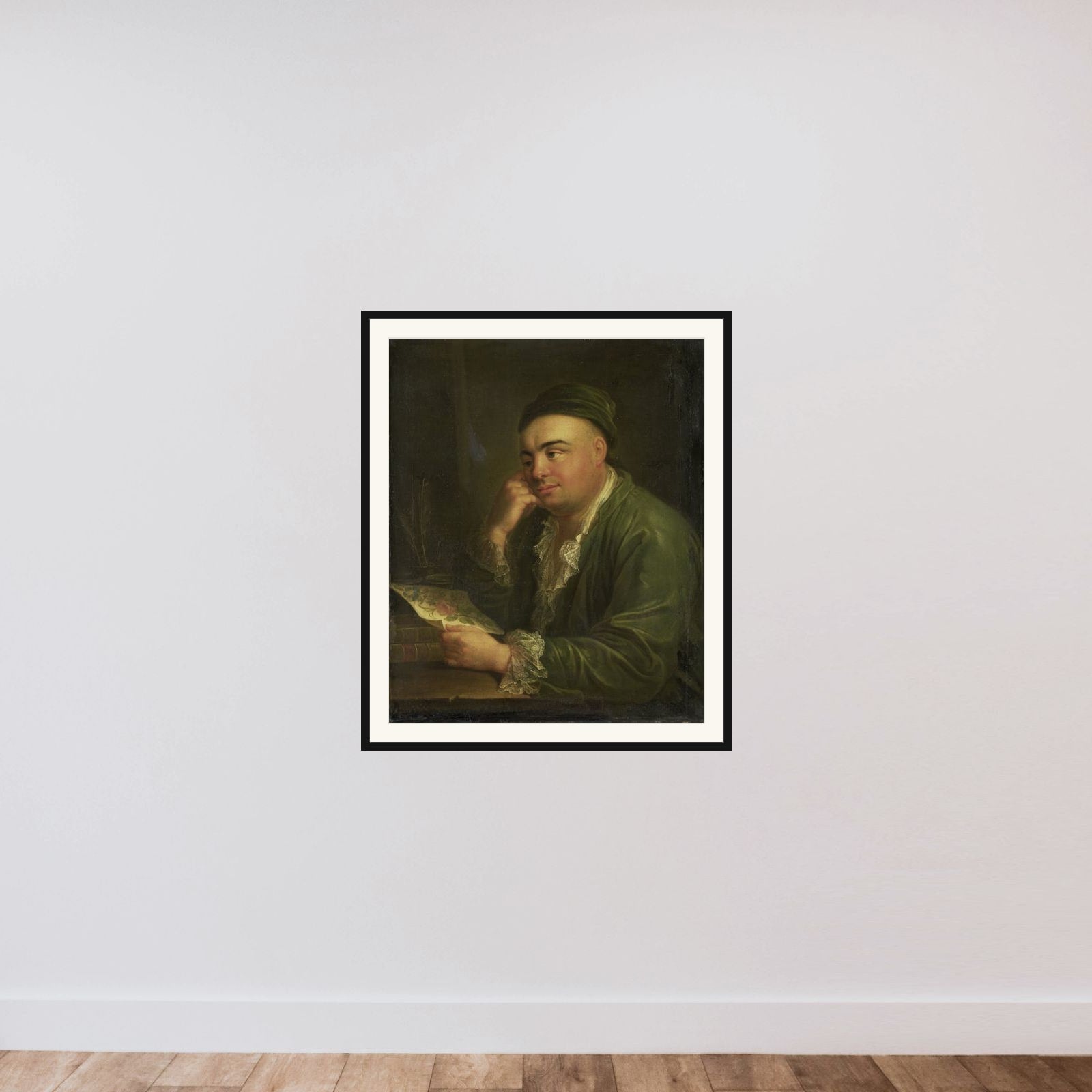 A Man with a Drawing of Flowers, so-called Portrait of Jacob Feitama Jr, Merchant in Amsterdam framed — shown to scale