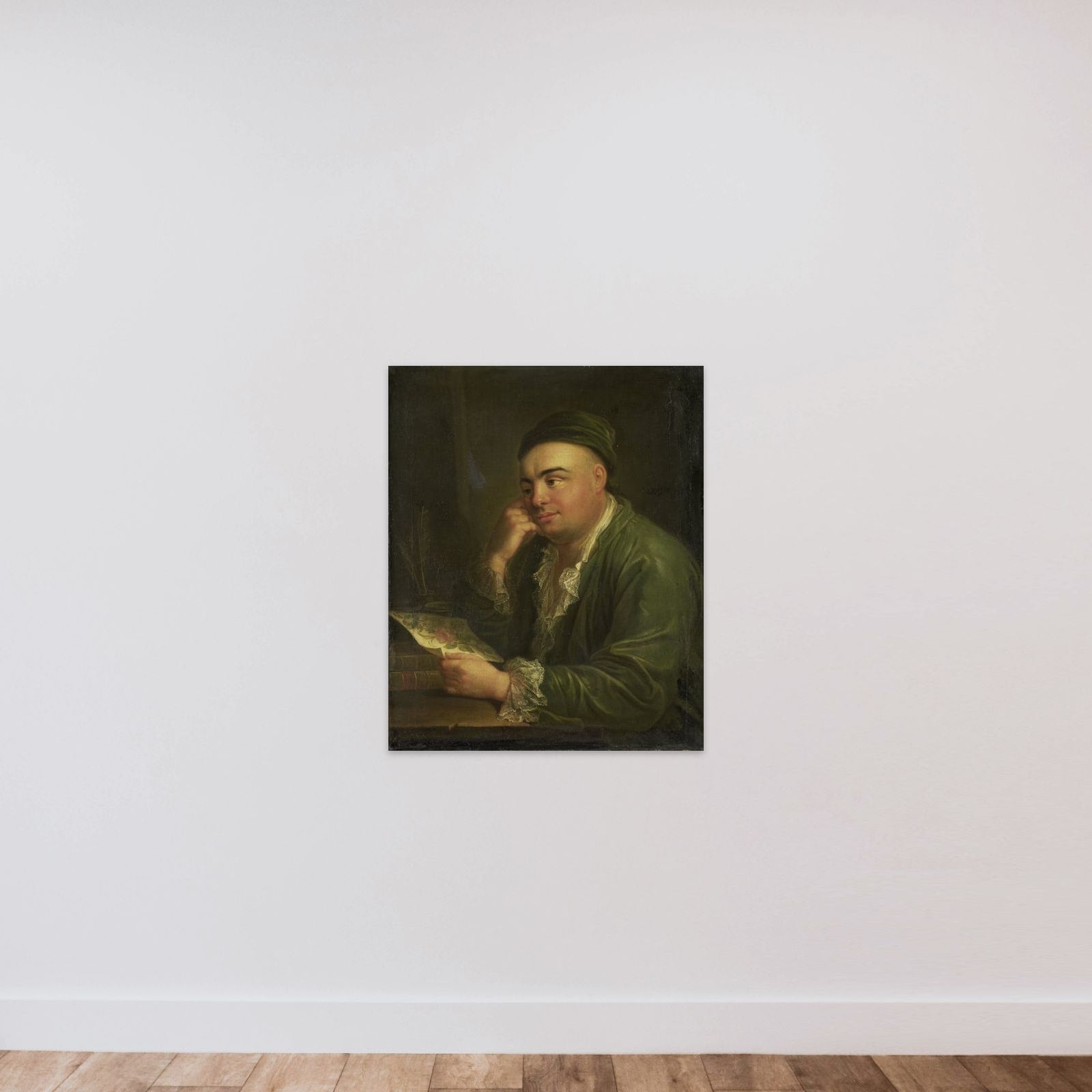 A Man with a Drawing of Flowers, so-called Portrait of Jacob Feitama Jr, Merchant in Amsterdam unframed — shown to scale