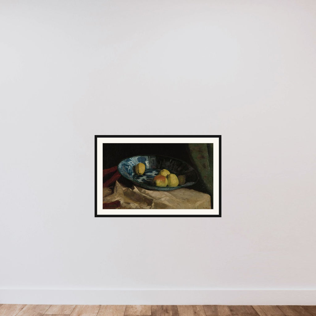 Still Life with Apples in a Delft Blue Bowl framed — shown to scale