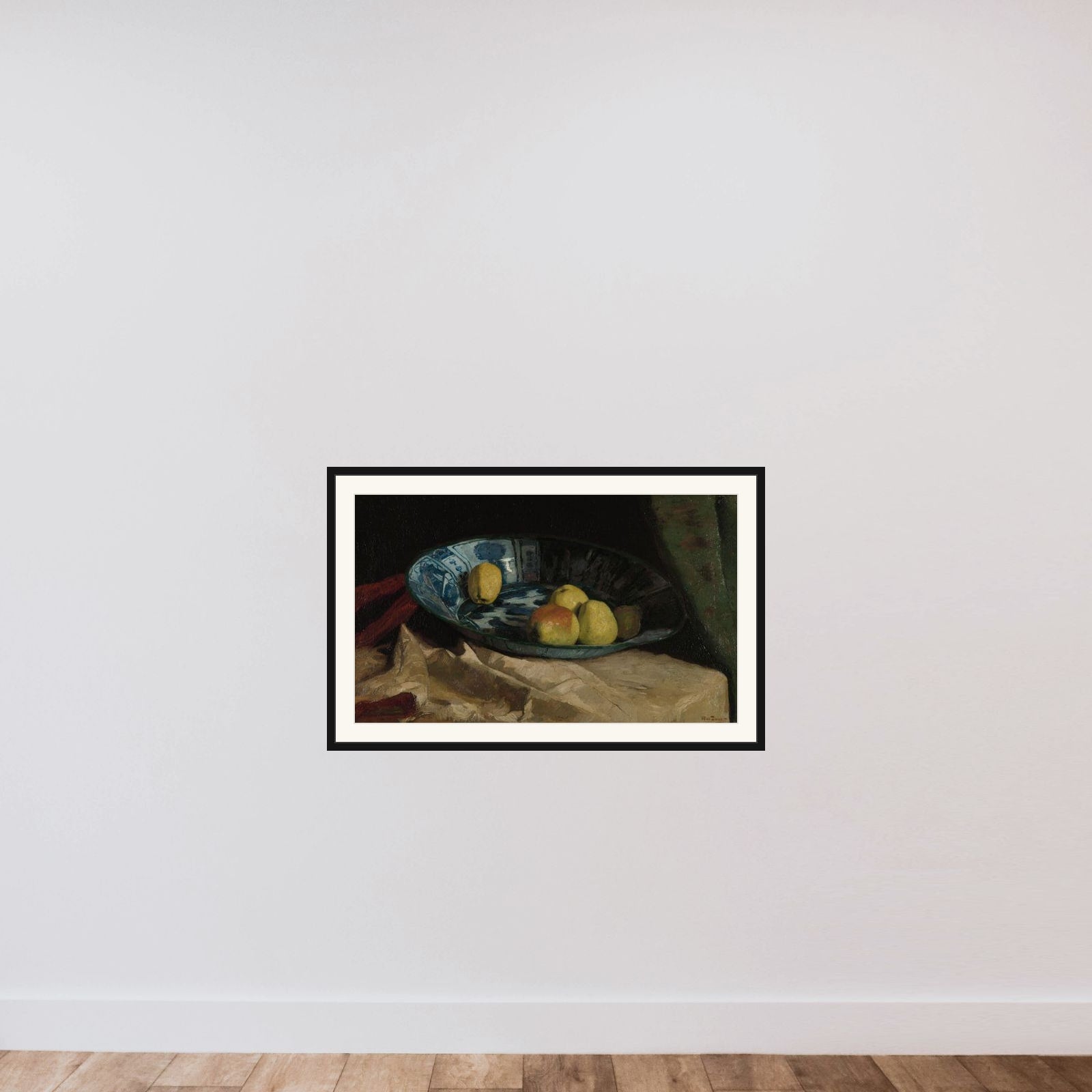 Still Life with Apples in a Delft Blue Bowl framed — shown to scale