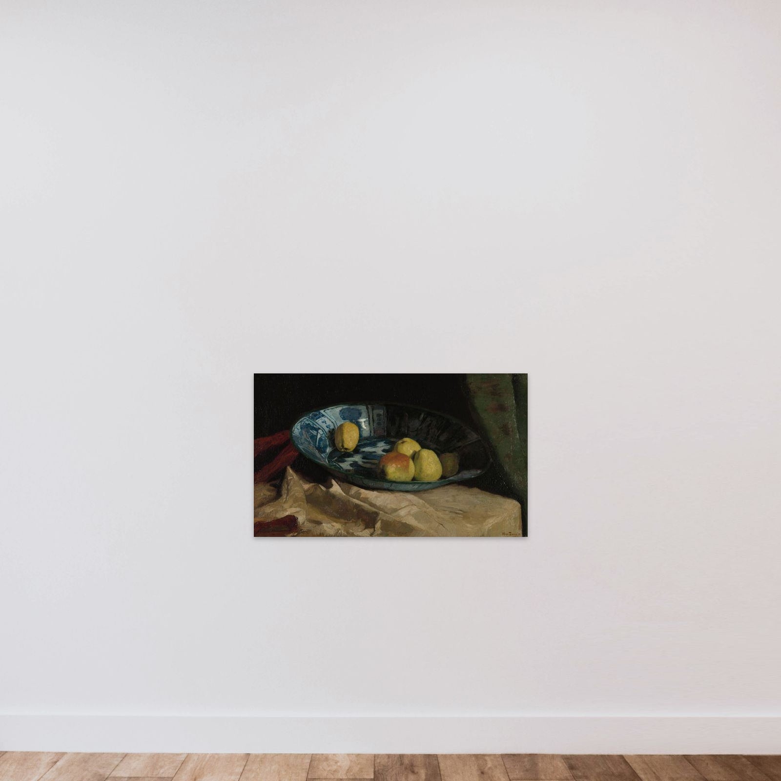 Still Life with Apples in a Delft Blue Bowl unframed — shown to scale
