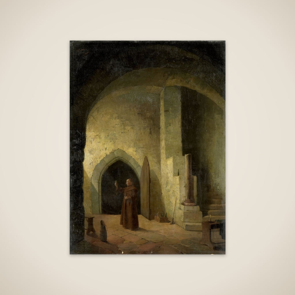 Een monnik met een glas in de hand in een kelder unframed print