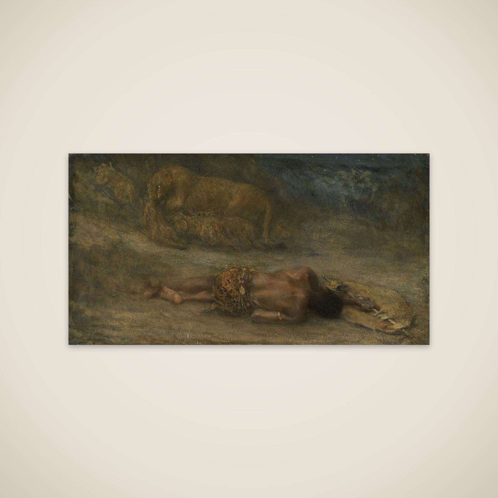 Een leeuwin met haar welpen bij een dode zwarte man, genaamd 'Nemesis' unframed print