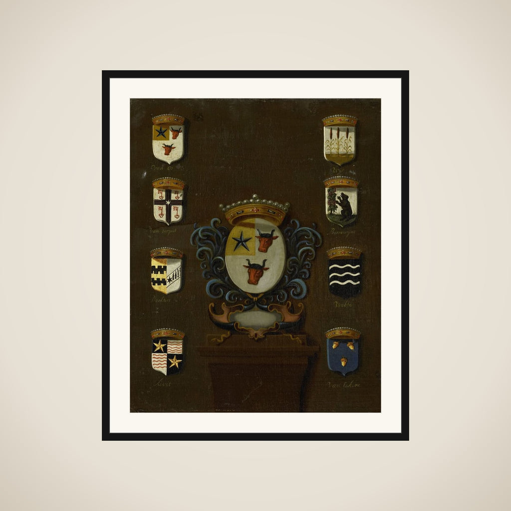 Coat of Arms of Sara van Os, Wife of Jan van Reyersbergh with its eight quarterings framed