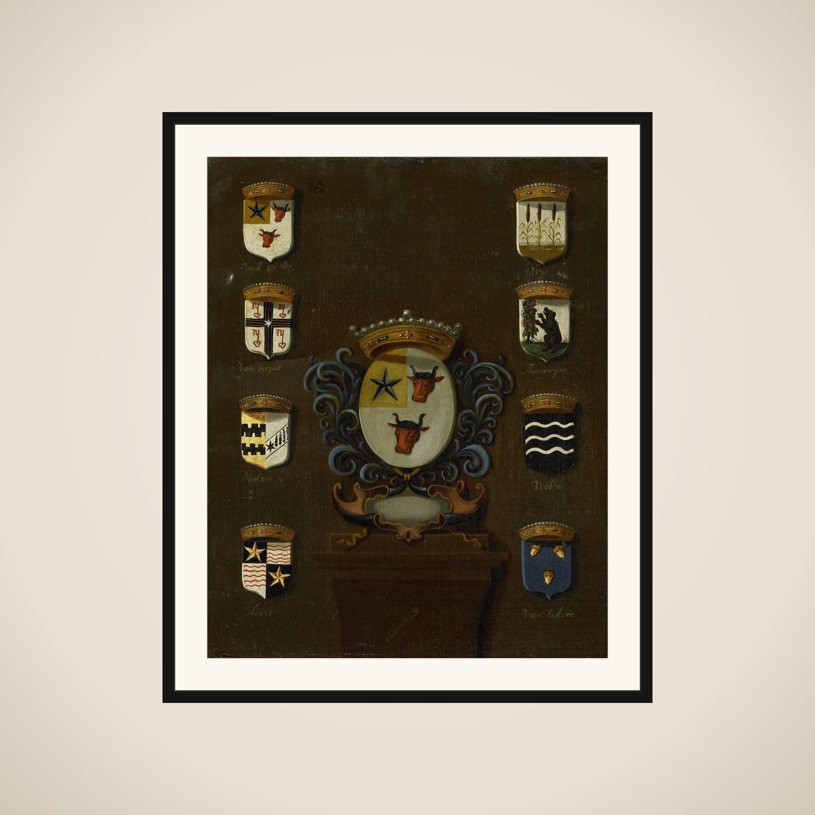 Coat of Arms of Sara van Os, Wife of Jan van Reyersbergh with its eight quarterings framed