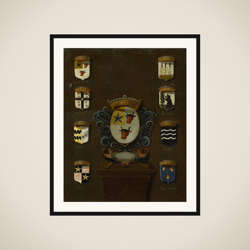 Coat of Arms of Sara van Os, Wife of Jan van Reyersbergh with its eight quarterings framed