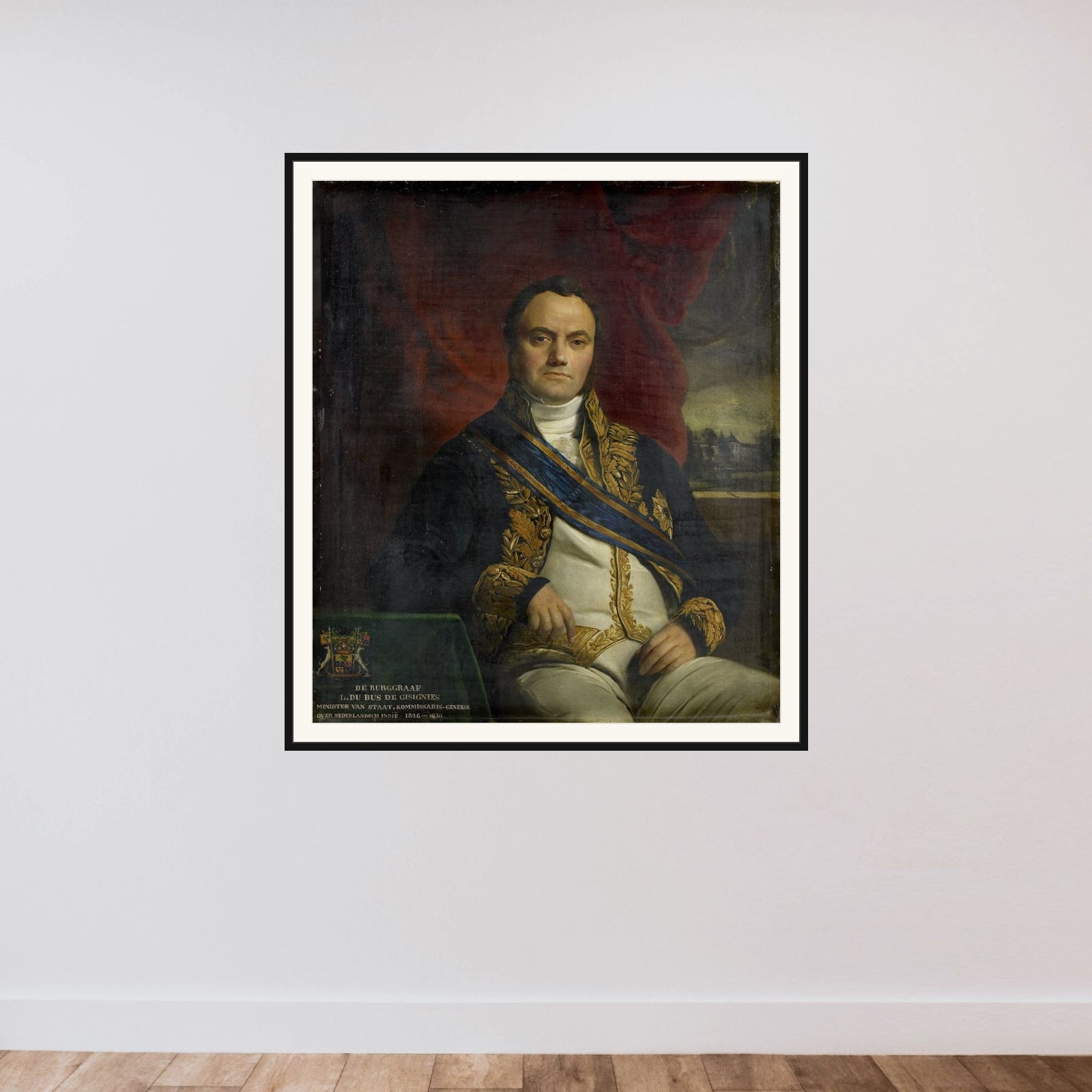 Portrait of Léonard Pierre Joseph, Viscount du Bus de Gisignies, Commissioner-General framed — shown to scale
