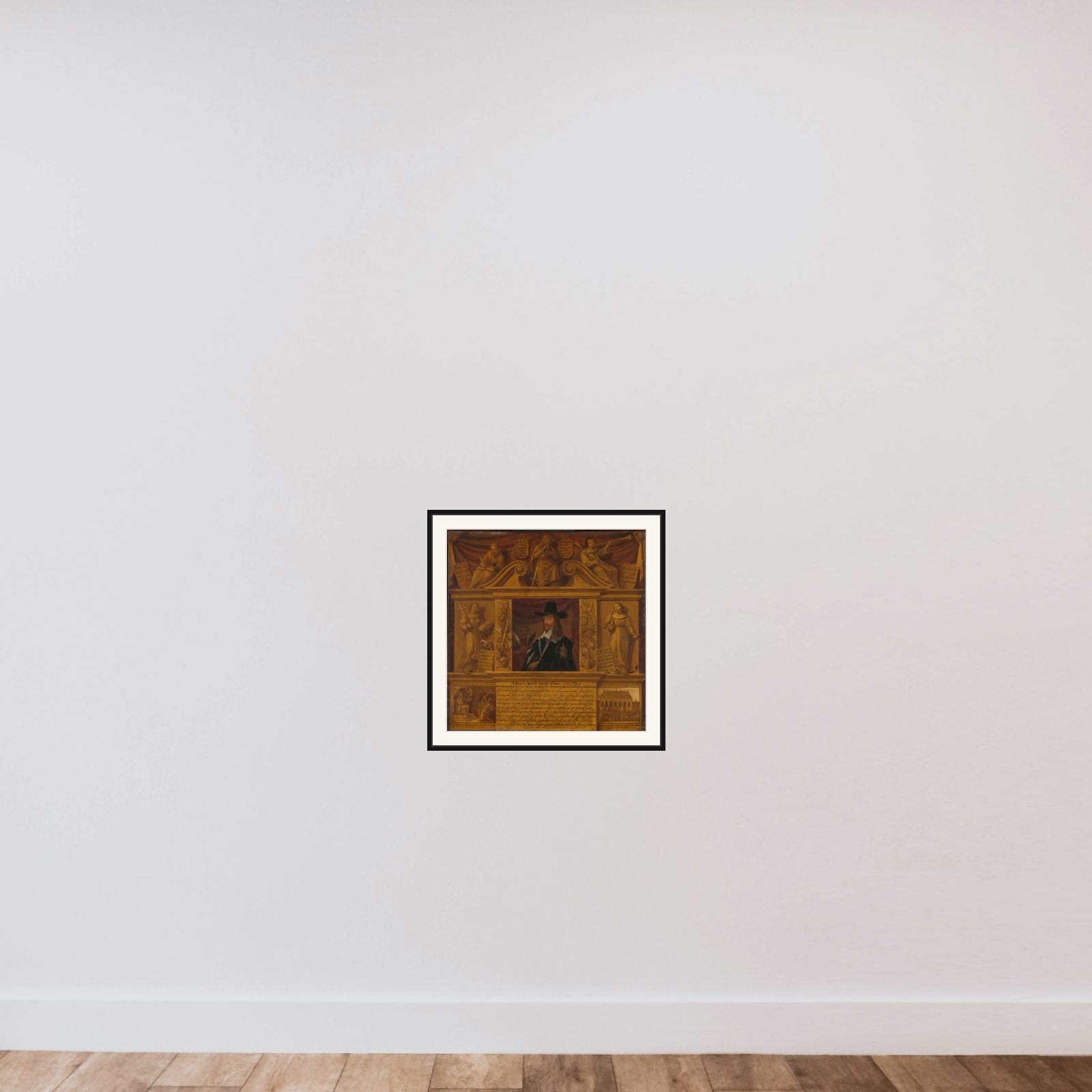 Portrait of Charles I, King of England, in a Frame with Allegorical Figures and Historical Representations framed — shown to scale