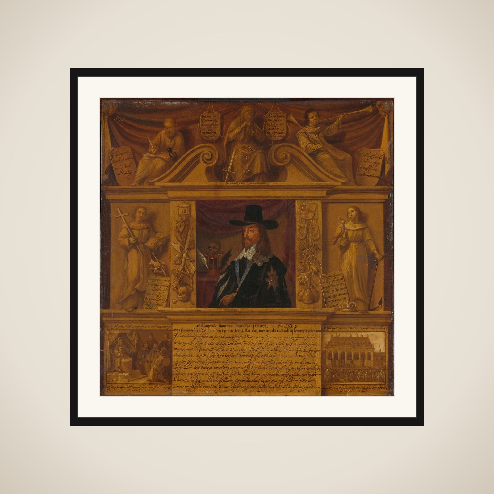 Portrait of Charles I, King of England, in a Frame with Allegorical Figures and Historical Representations framed
