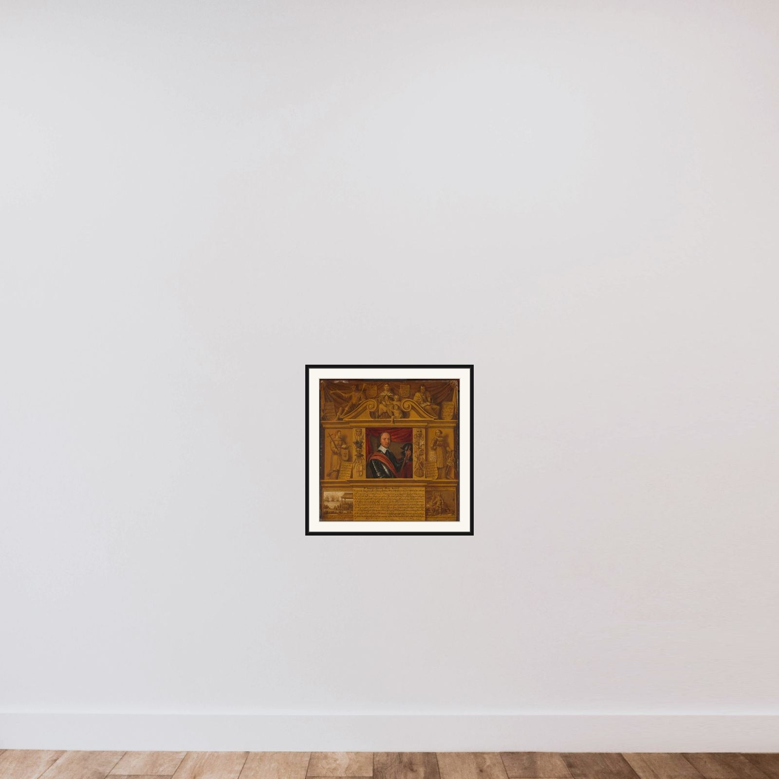 Portrait of Oliver Cromwell, in a Frame with Allegorical Figures and Historical Representations framed — shown to scale