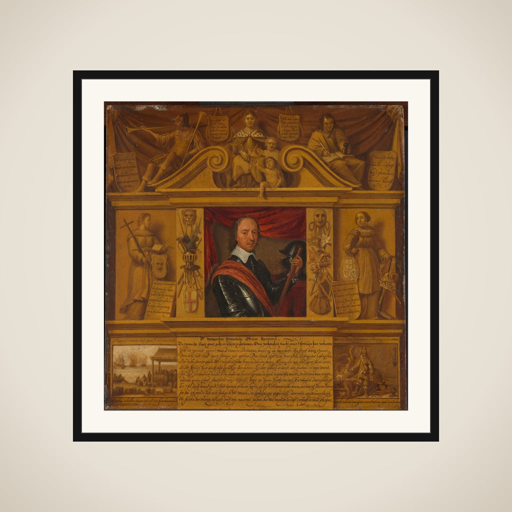 Portrait of Oliver Cromwell, in a Frame with Allegorical Figures and Historical Representations framed