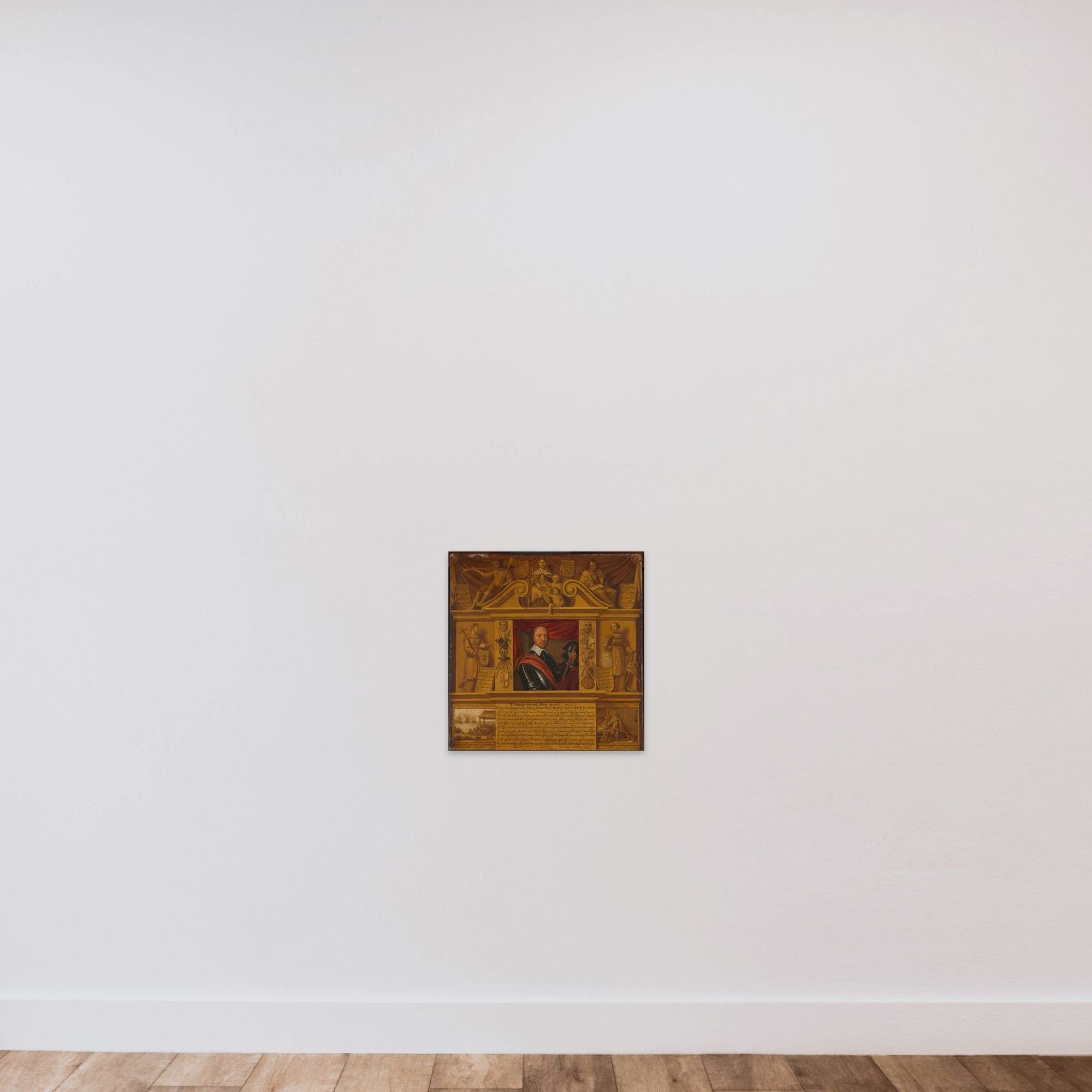 Portrait of Oliver Cromwell, in a Frame with Allegorical Figures and Historical Representations unframed — shown to scale