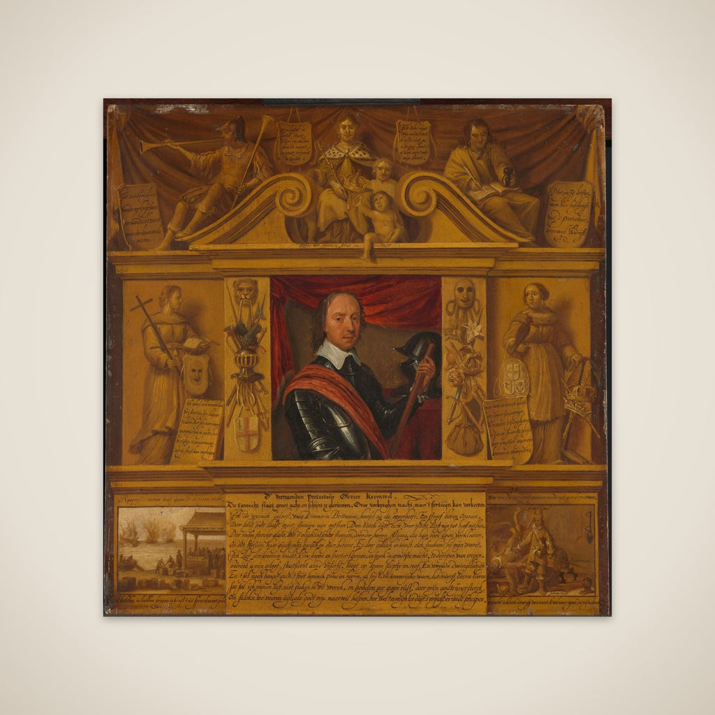 Portrait of Oliver Cromwell, in a Frame with Allegorical Figures and Historical Representations unframed print