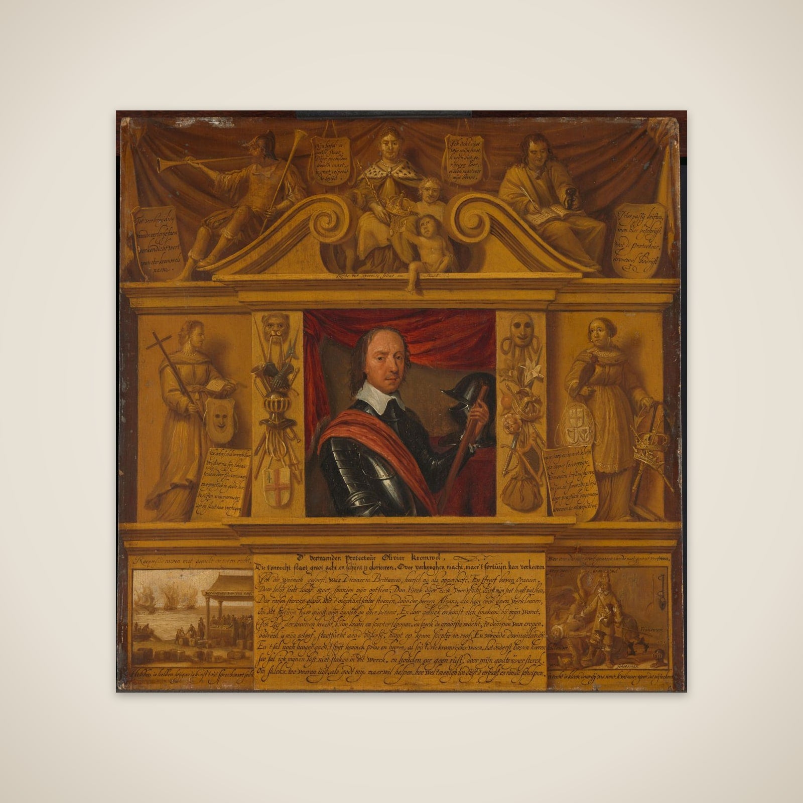Portrait of Oliver Cromwell, in a Frame with Allegorical Figures and Historical Representations unframed print