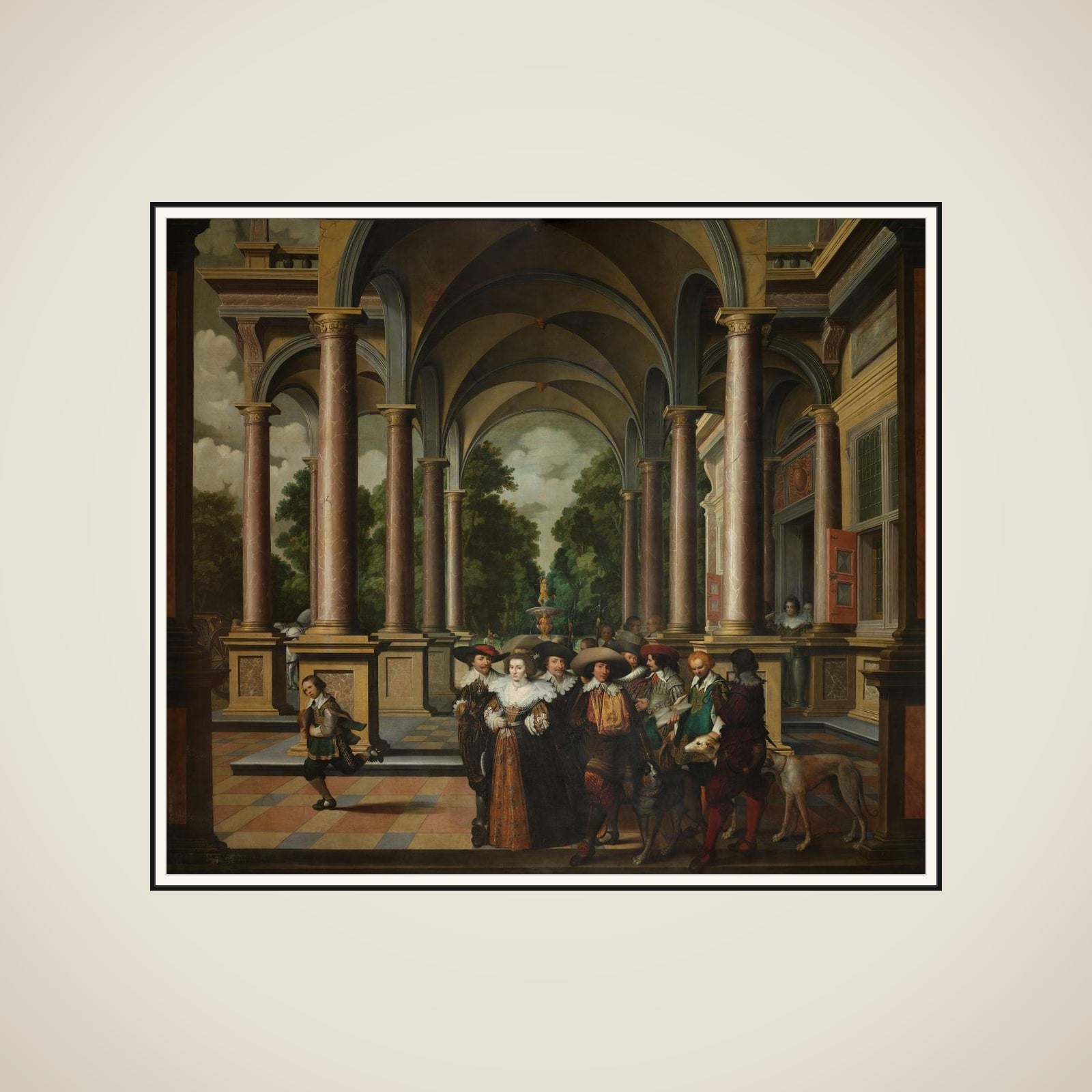 Gallery of a Palace with Ornamental Architecture and Columns framed