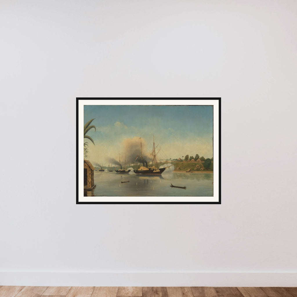 De beschieting van de Kraton van de Sultan van Djambi door de gouvernementsmarineschepen 'Celebes', 'Admiraal van Kinsbergen' en 'Onrust' op 8 september 1858 framed — shown to scale