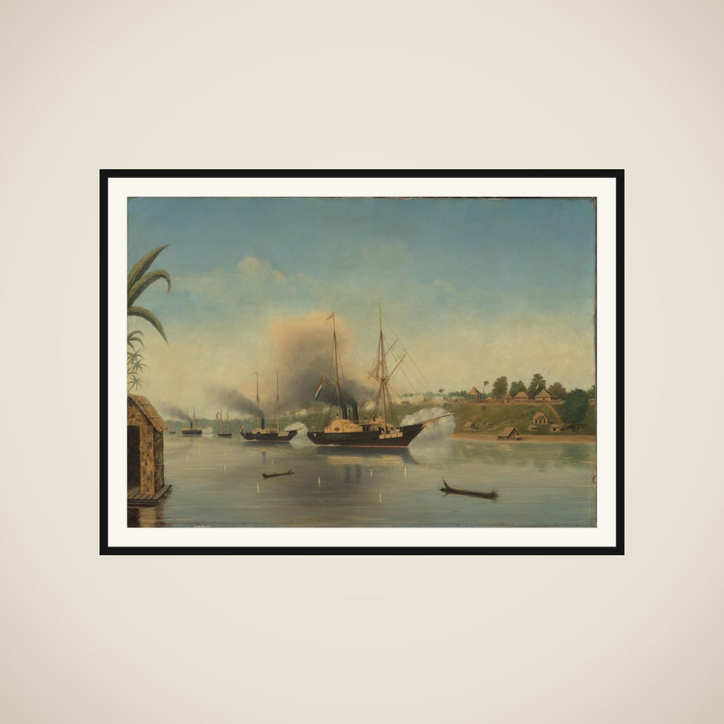 De beschieting van de Kraton van de Sultan van Djambi door de gouvernementsmarineschepen 'Celebes', 'Admiraal van Kinsbergen' en 'Onrust' op 8 september 1858 framed