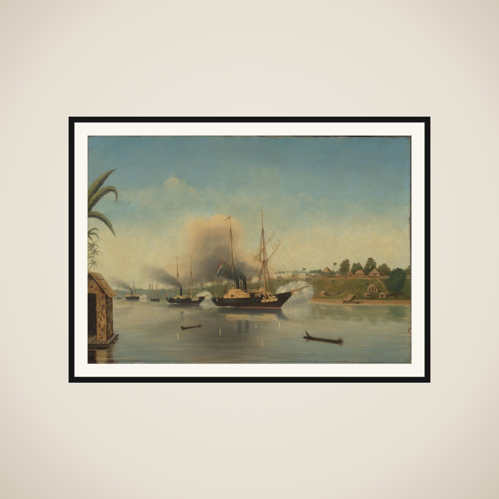 De beschieting van de Kraton van de Sultan van Djambi door de gouvernementsmarineschepen 'Celebes', 'Admiraal van Kinsbergen' en 'Onrust' op 8 september 1858 framed