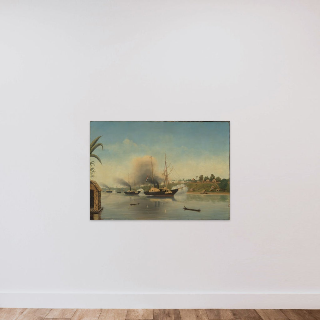 De beschieting van de Kraton van de Sultan van Djambi door de gouvernementsmarineschepen 'Celebes', 'Admiraal van Kinsbergen' en 'Onrust' op 8 september 1858 unframed — shown to scale