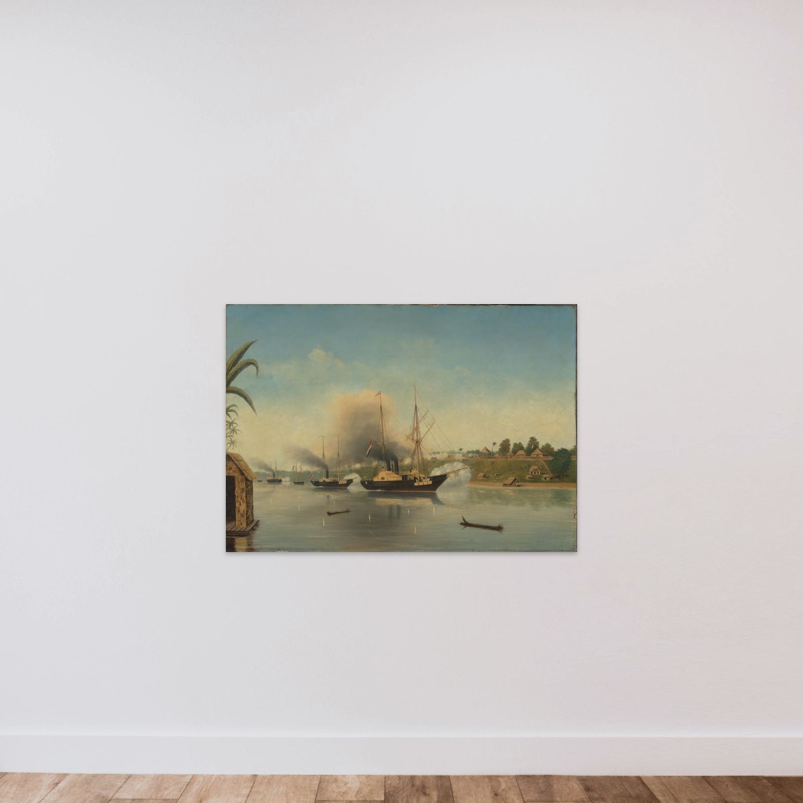 De beschieting van de Kraton van de Sultan van Djambi door de gouvernementsmarineschepen 'Celebes', 'Admiraal van Kinsbergen' en 'Onrust' op 8 september 1858 unframed — shown to scale