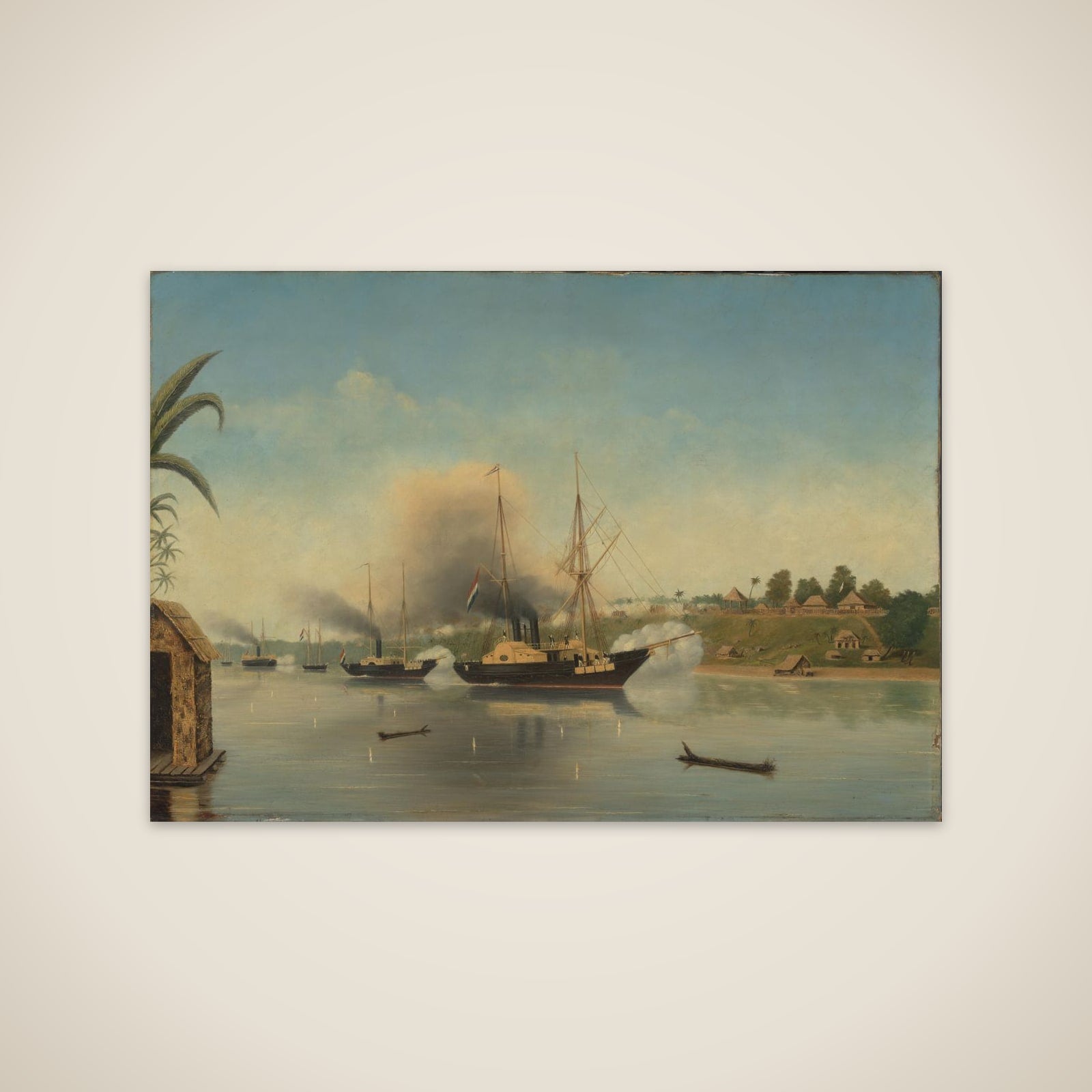 De beschieting van de Kraton van de Sultan van Djambi door de gouvernementsmarineschepen 'Celebes', 'Admiraal van Kinsbergen' en 'Onrust' op 8 september 1858 unframed print