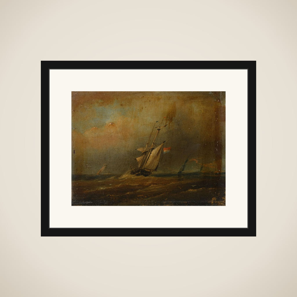 Woelige zee met zeilschepen framed
