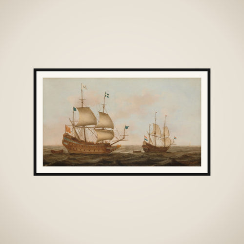 A Warship Built for France and a Dutch Yacht under Sail framed