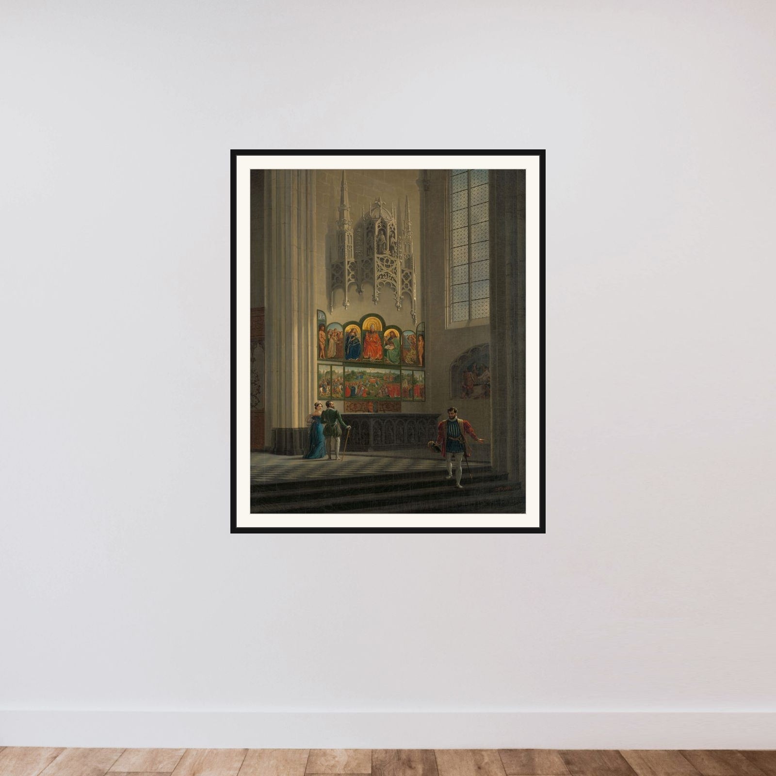 The Ghent Altarpiece by the van Eyck Brothers in St Bavo Cathedral in Ghent framed — shown to scale