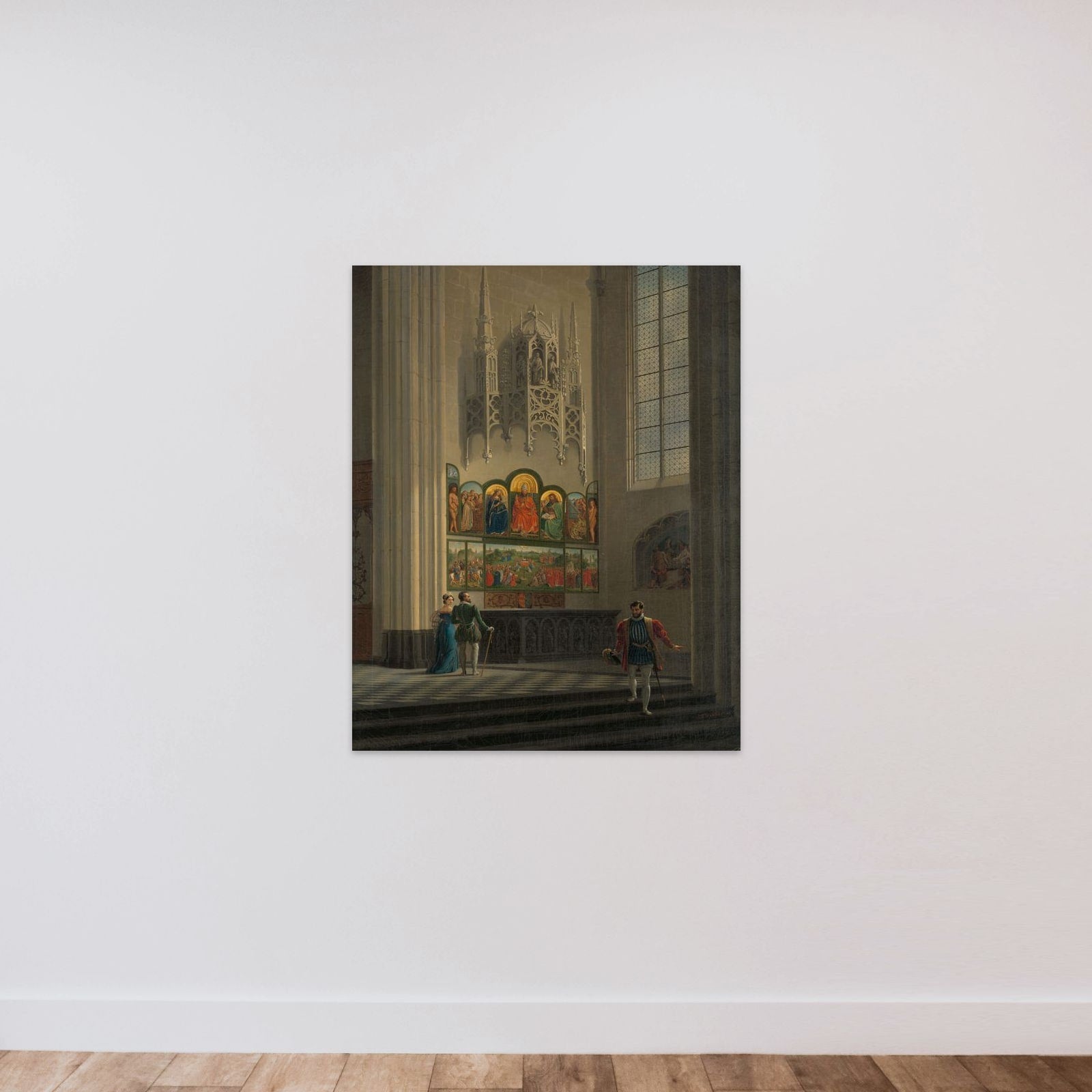 The Ghent Altarpiece by the van Eyck Brothers in St Bavo Cathedral in Ghent unframed — shown to scale