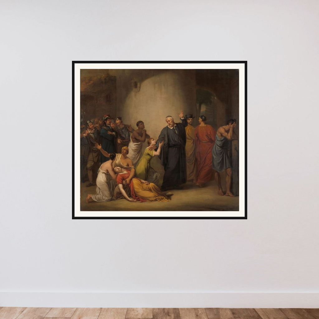 The Voluntary Sacrifice of Reverend Hambroeck on Taiwan, 1662 framed — shown to scale