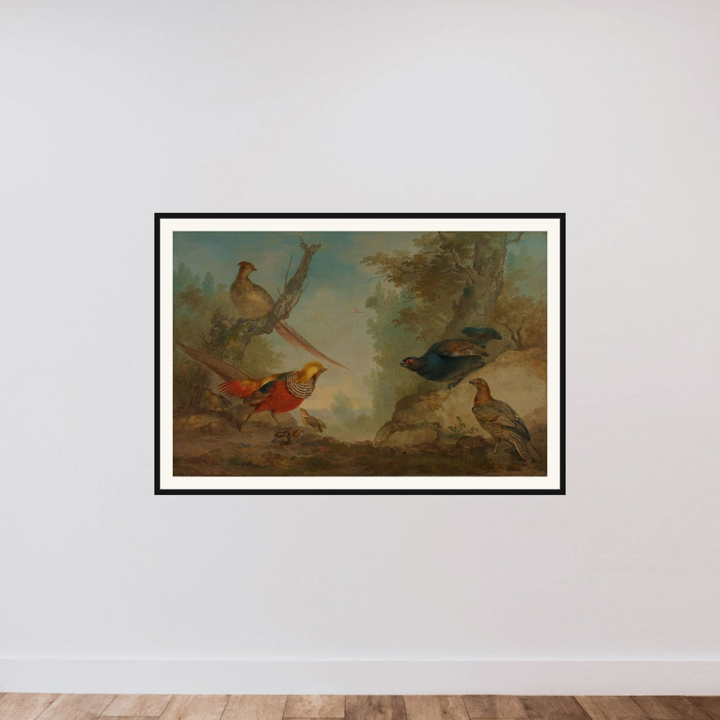 Pheasants framed — shown to scale