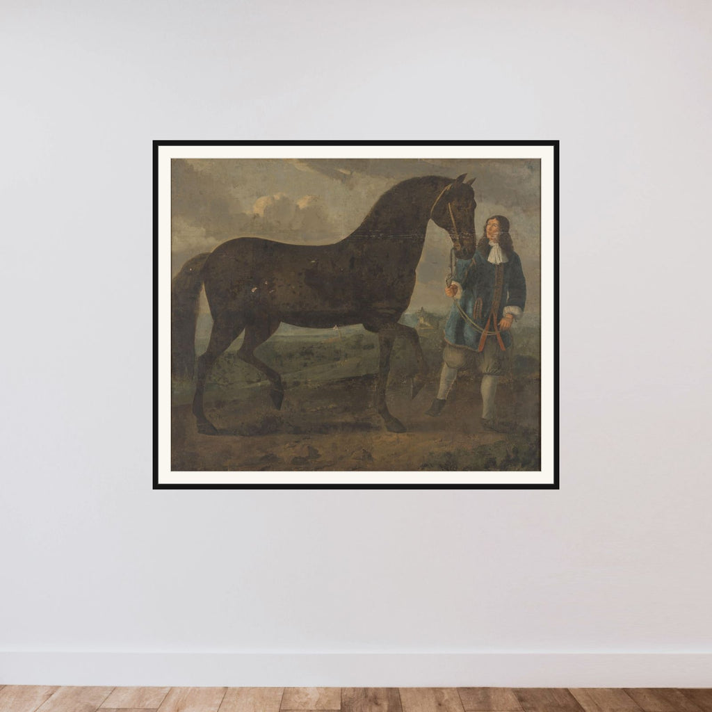 Zwart paard door een stalknecht geleid framed — shown to scale