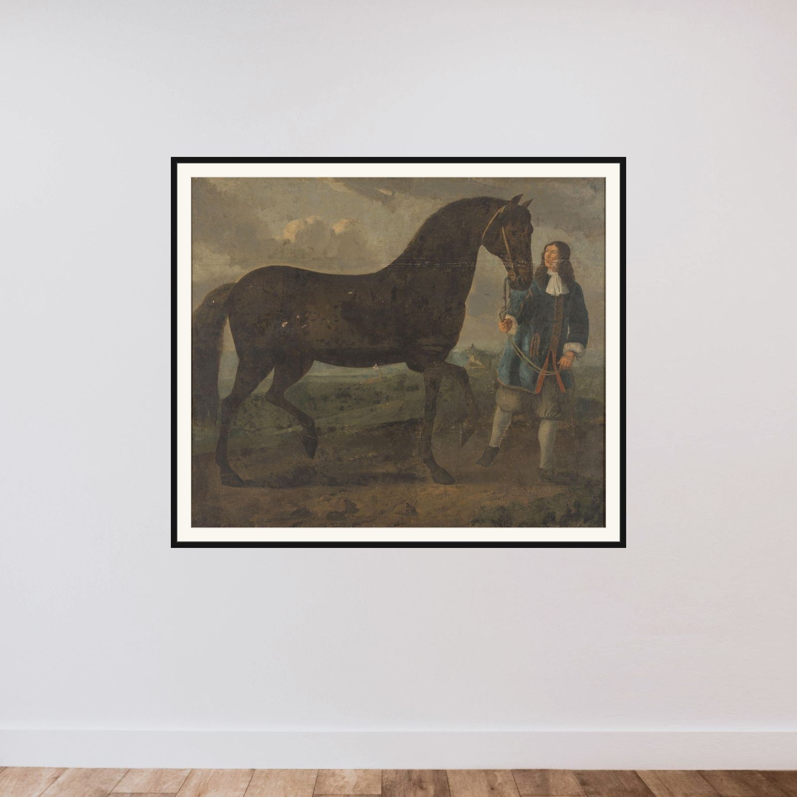 Zwart paard door een stalknecht geleid framed — shown to scale