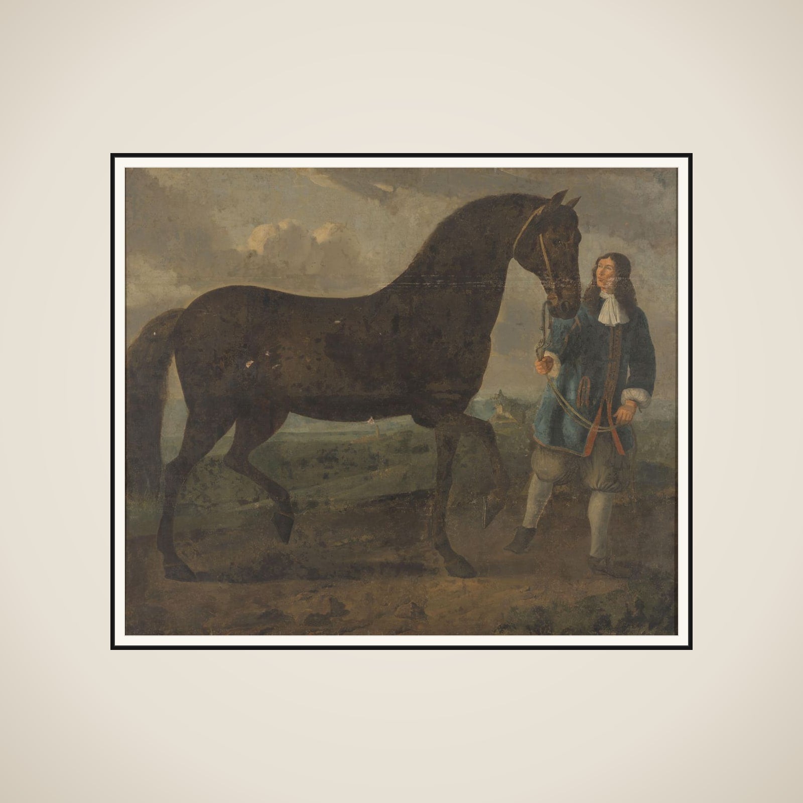 Zwart paard door een stalknecht geleid framed