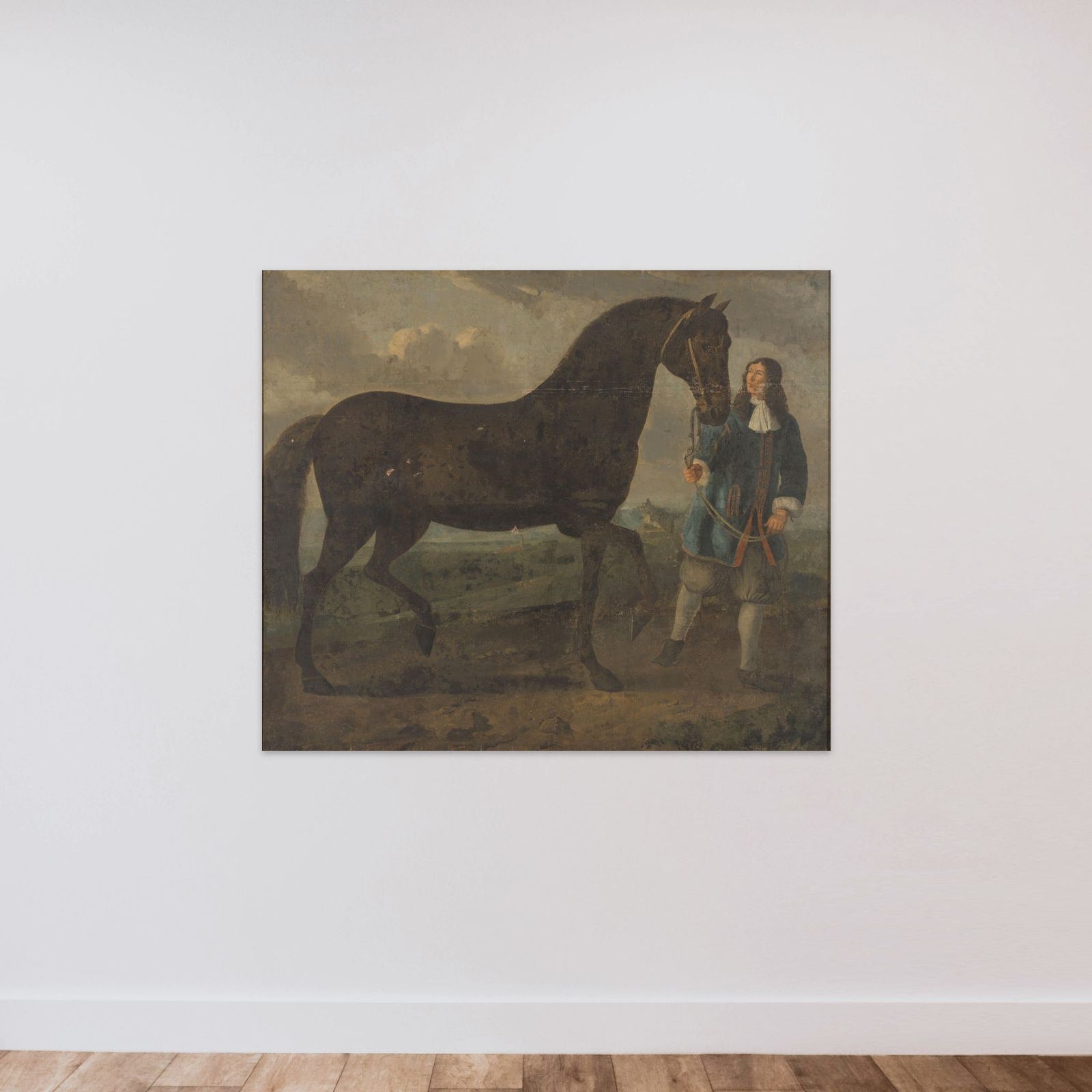 Zwart paard door een stalknecht geleid unframed — shown to scale