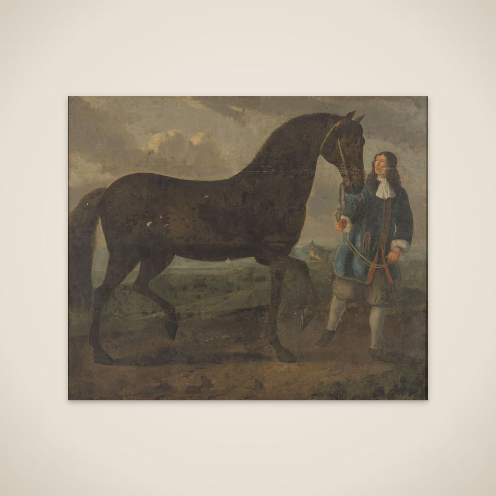Zwart paard door een stalknecht geleid unframed print