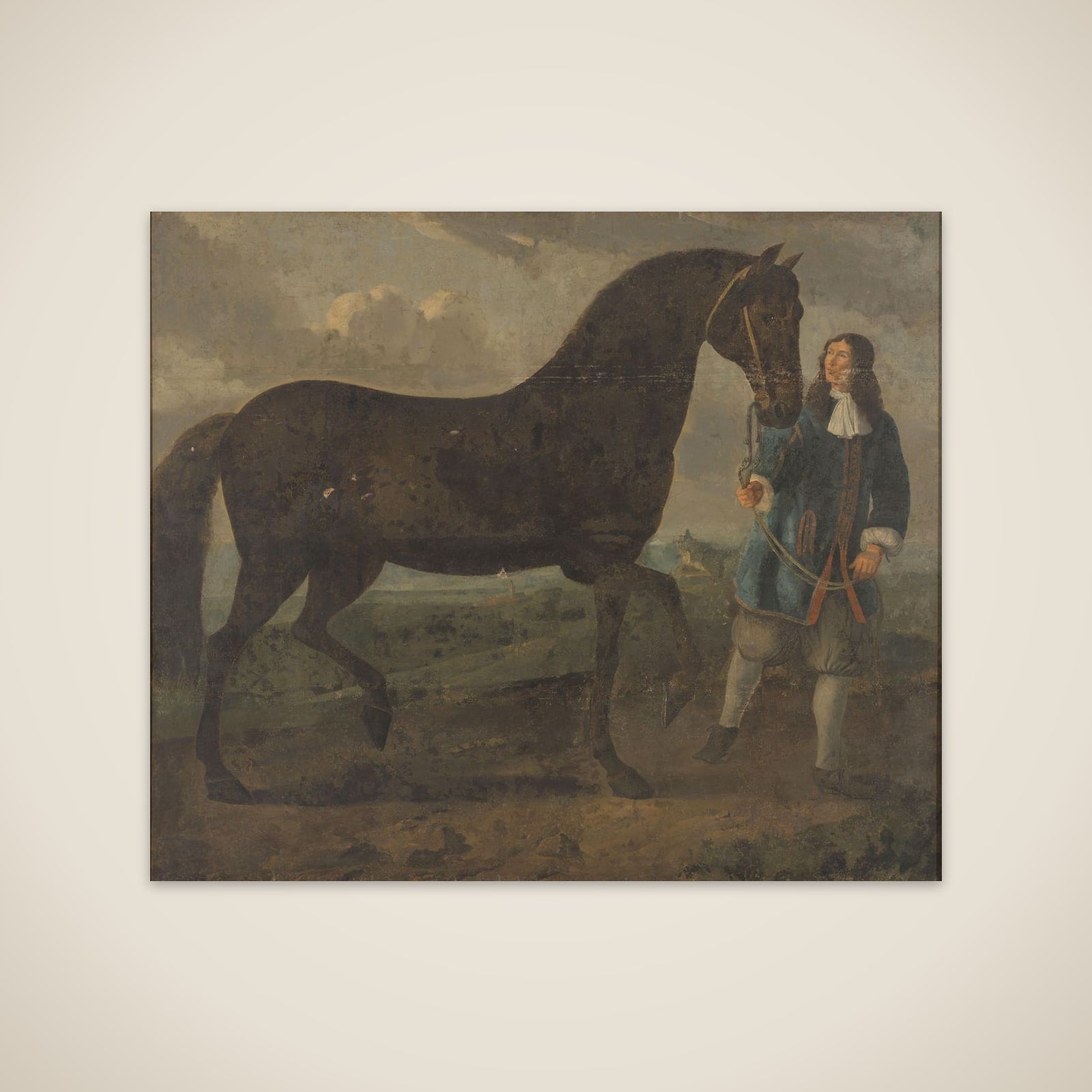 Zwart paard door een stalknecht geleid unframed print