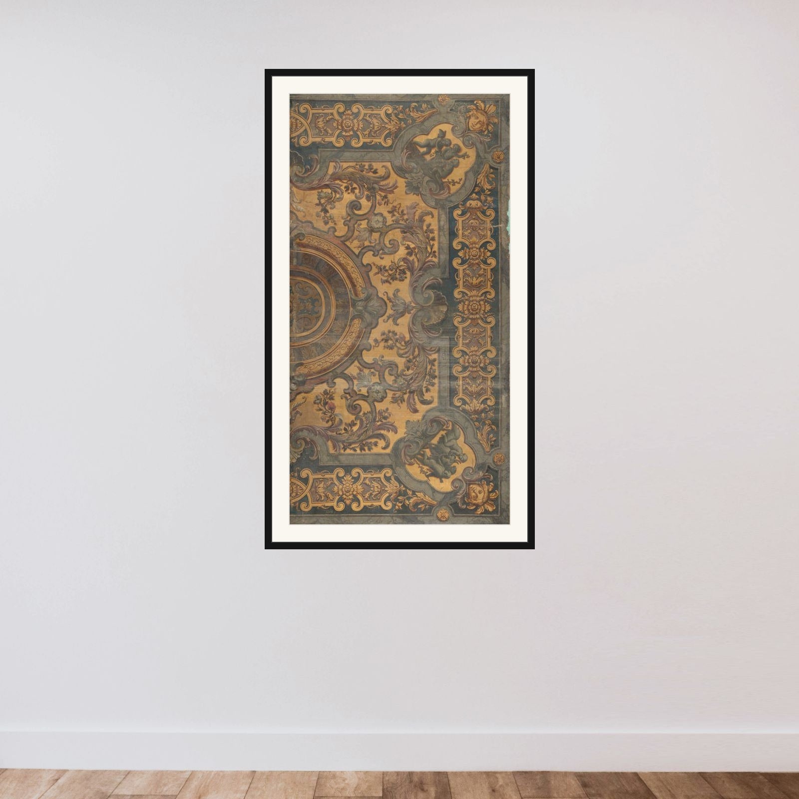 Ornamentale plafondschildering met in de hoeken voorstellingen van putti framed — shown to scale