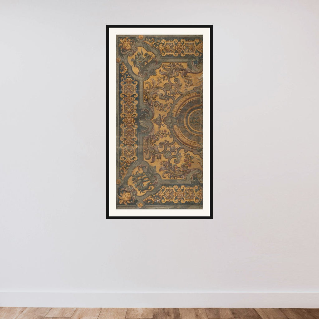 Ornamentale plafondschildering met in de hoeken voorstellingen van putti framed — shown to scale
