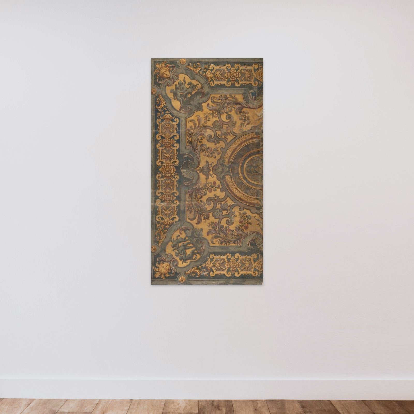 Ornamentale plafondschildering met in de hoeken voorstellingen van putti unframed — shown to scale