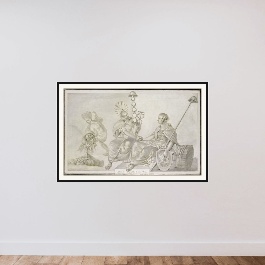 Allegory of the 'Treaty of Friendship and Commerce between the States General of the United Netherlands and the United States of America', The Hague, 7 October 1782 framed — shown to scale